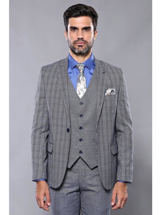 Azul Marino Traje entallado con chaleco azul marino a cuadros | Wessi de venta al por mayor en Faire6
