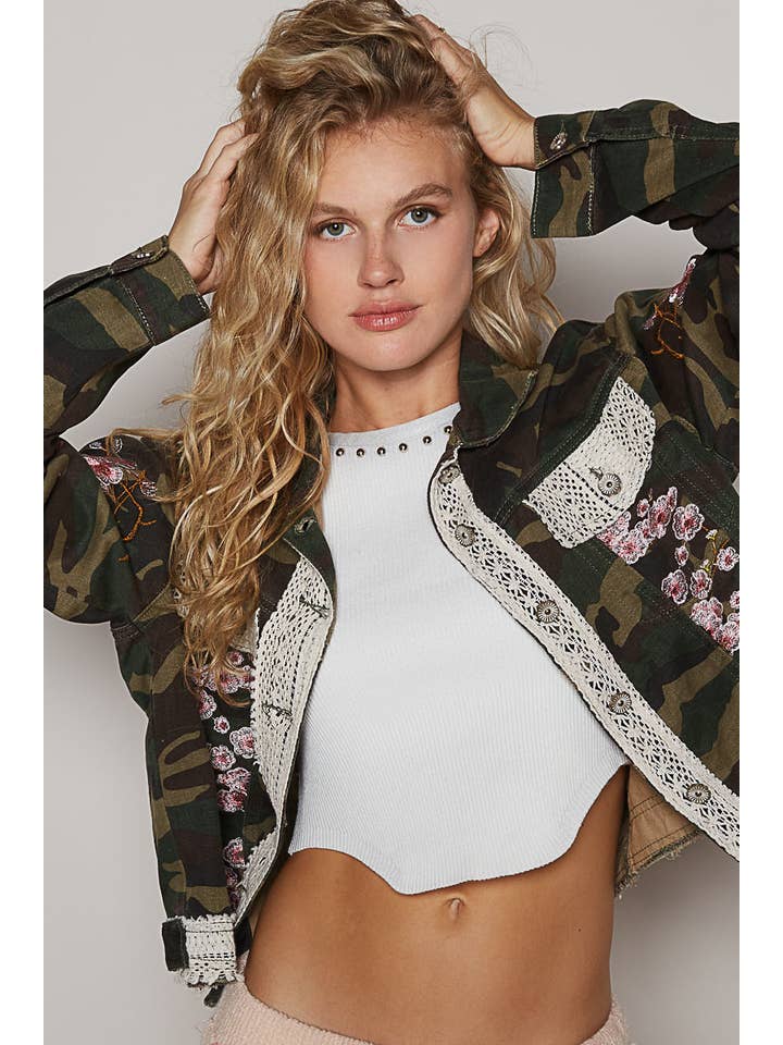 Pol Clothing - Wholesale Jacket - Women's - Vintage washed back flower patch printed jacket