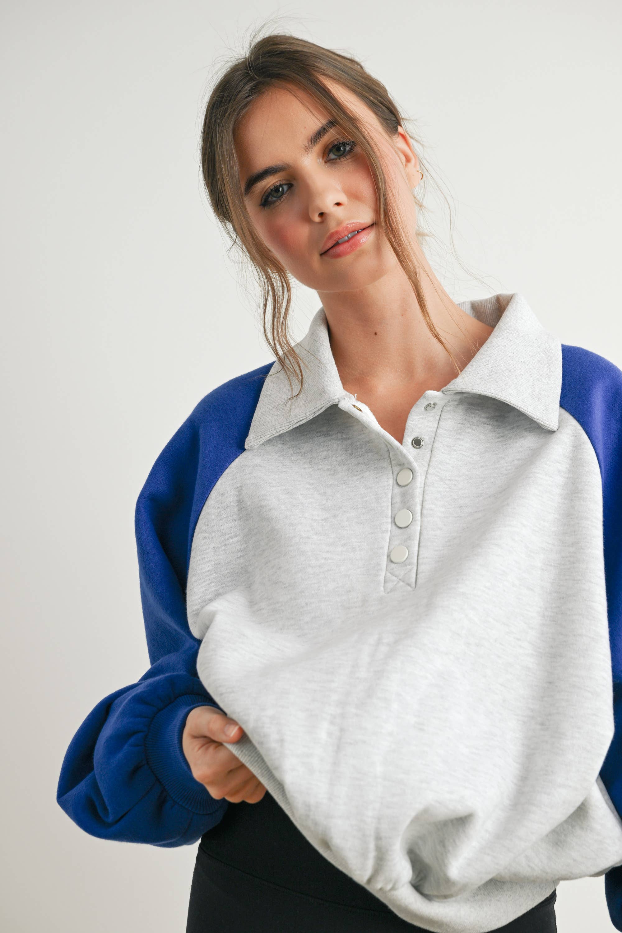 BUTTERMELON - Wholesale Sweatshirt - Women's - Color Block Classic Polo Sweatshirt - BMT75881