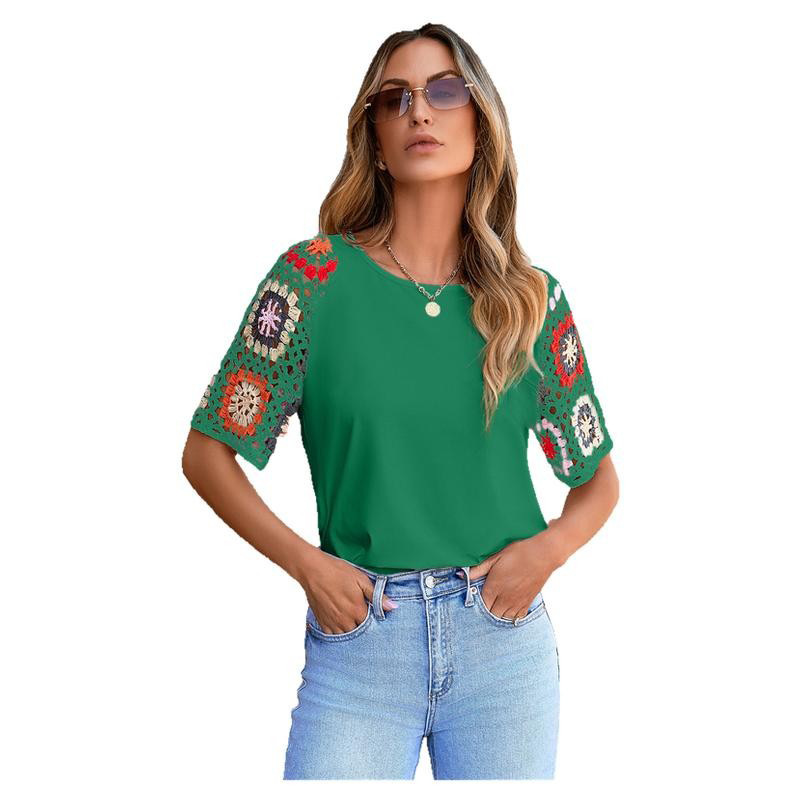 Lovesoft - Vendita all'ingrosso Top in maglia - Donna - Top casual girocollo a maniche corte con ricamo floreale7