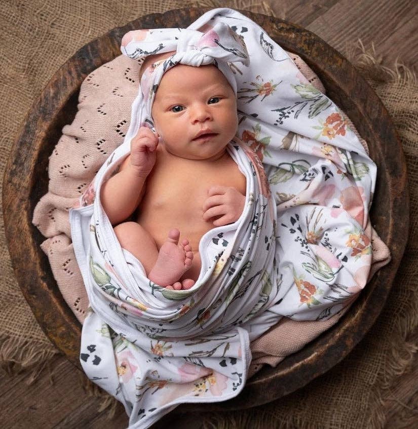 Minky Myles – Conjunto de Swaddle - Bebé por atacado – Manta floral com faixa - conjunto de envolvimento3