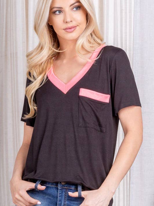 ST1911S SHORT SLEEVE V NECK SOLID TOP WITH FRONT POCKET for wholesale by HEIMISH