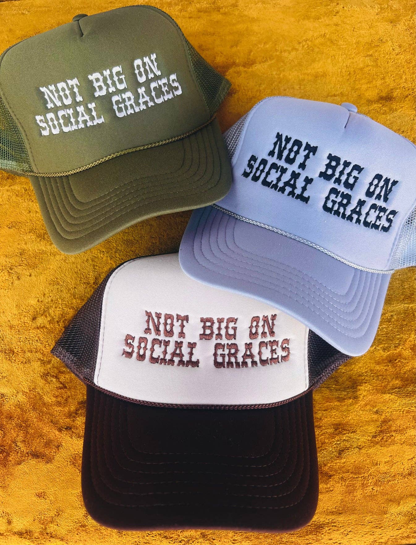 THE LATTIMORE CLAIM - Wholesale Trucker hat – Women’s - Not Big On Social Graces - Otto Trucker Hat Embroidery