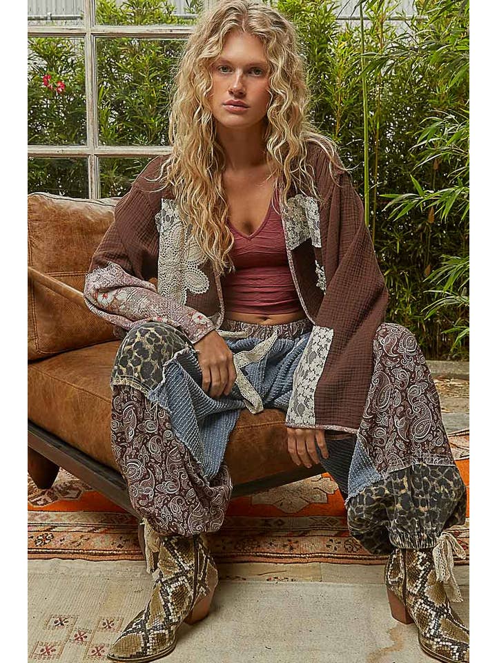 Pol Clothing - Wholesale Cardigan - Women's - Long sleeve double gauze crochet patch cardigan woven top11