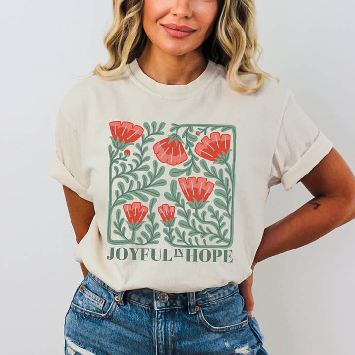 Joyful In Hope, Floral Christian Graphic Tee, Comfort Colors for wholesale by Scripted Pearl