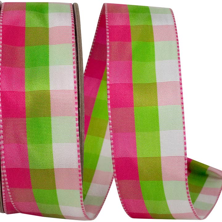 Plaid Leon Ticking Wired Edge Ribbon, Citrus/fuchsia for wholesale by RELIANT RIBBON