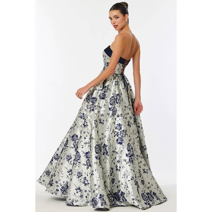 Strapless A Line Floral Print Jacquard Dress for wholesale by Babyfox Apparel