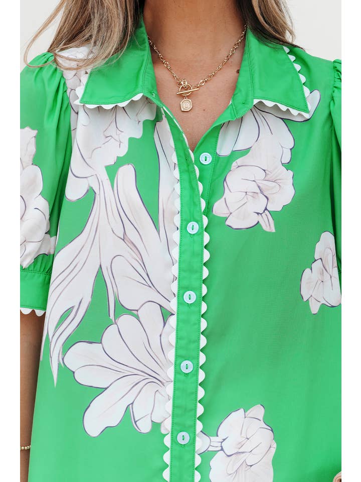 Aapparella - Vente Chemise à col boutonné – femme - Haut à boutons avec manches bouffantes et bordure en croquet floral | S-XL17