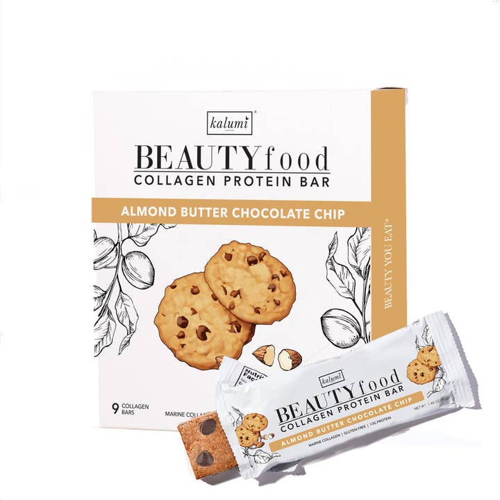 Amandelboter Chocoladechip Collageen Eiwitreep (9 repen) voor wholesale door Kalumi BEAUTYfood