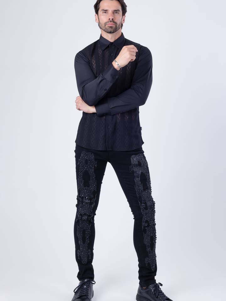 Jeans da uomo in denim elasticizzato con borchie tinta unita 4JER01 per la vendita all'ingrosso da parte di BARABAS