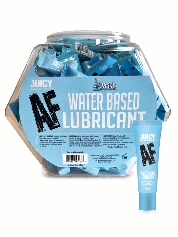 Juicy AF Vandbaseret Glidecreme 10 ml - POP Display med 65 stk. for engroshandel hos Little Genie Productions