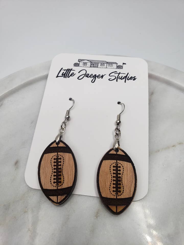 Handmade Wooden Laser Engraved Dangle Earrings for wholesale by Little Jaeger Studios
