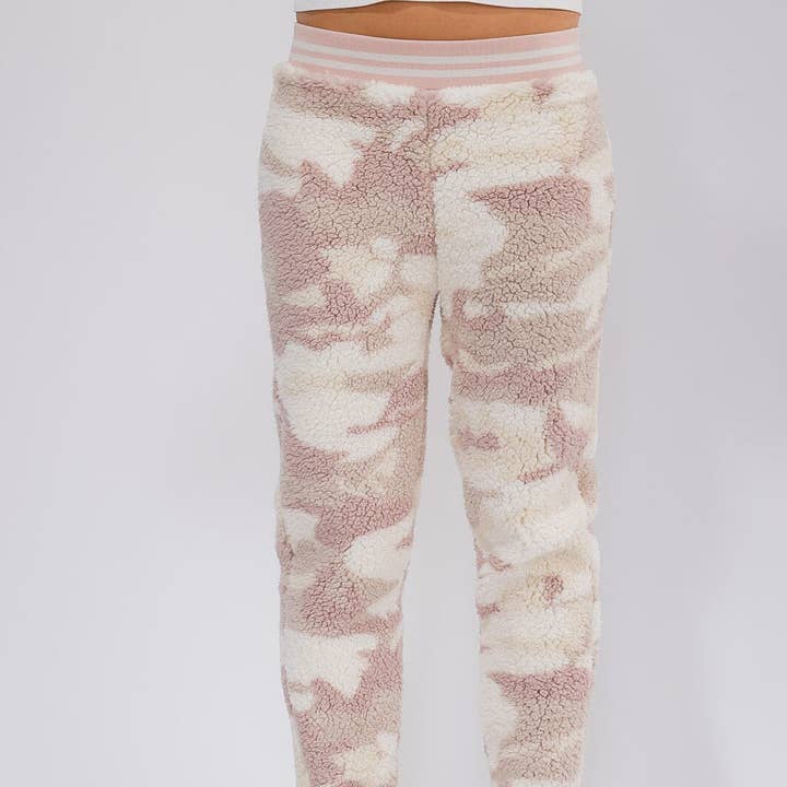 ELASTIC WAIST SHERPA CAMO PRINT JOGGER PANTS for wholesale by IWT Brands