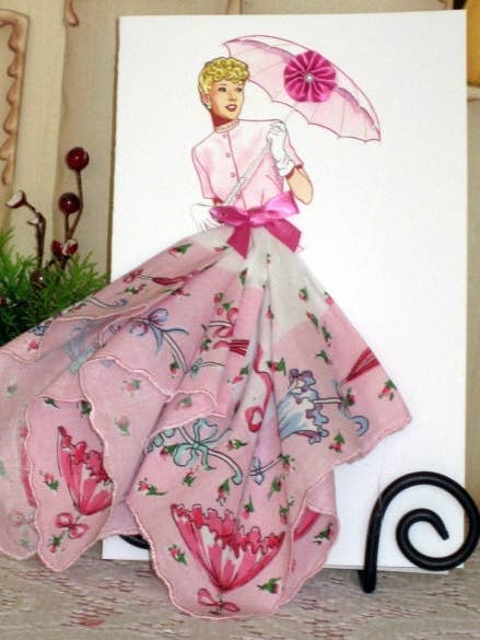 1945 Mollie Parnis Day Dress Keepsake Hanky Card for wholesale by MOMENTS IN THYME