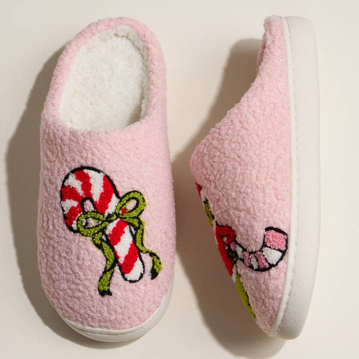 Green Monster Holiday Slippers with Candy Cane for Christmas Gift for wholesale by Lilla Haven
