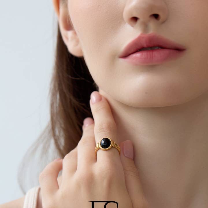Furano Studio - Wholesale Signet Ring - Black Onyx Signet Ring, Non Tarnish Gold Signet Ring