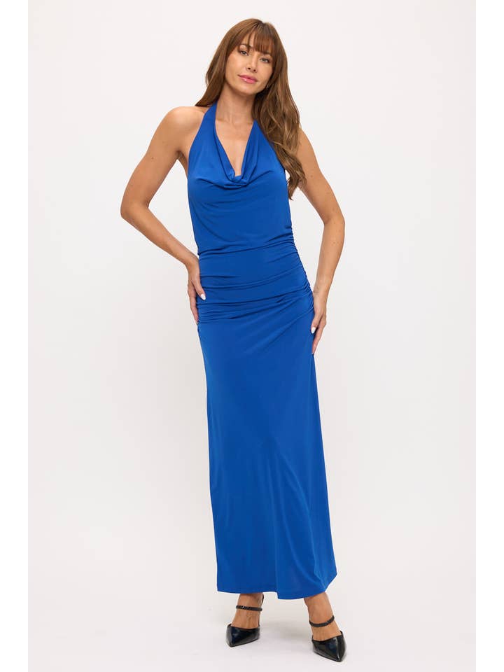 Blue Made in USA Halter Jersey Maxi Dress w Ruched Back for wholesale on Faire5