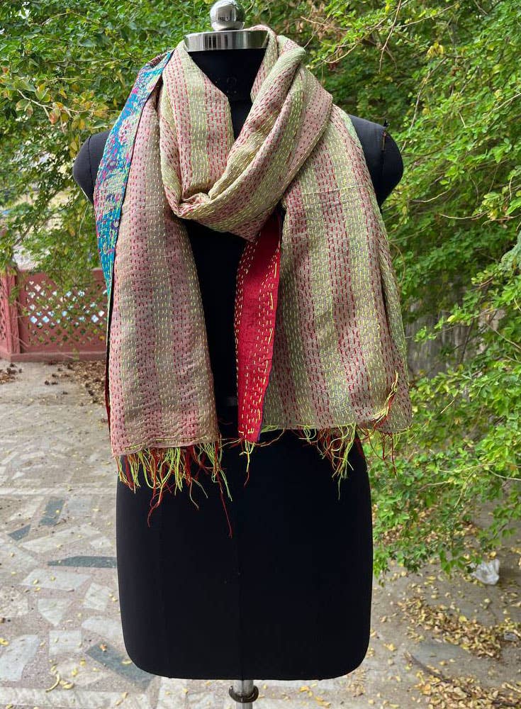 Bhawana Handicrafts - Wholesale Scarf - Women's - Indian Silk Sari Reversible Scarf Kantha Stitched Wrap Girls6