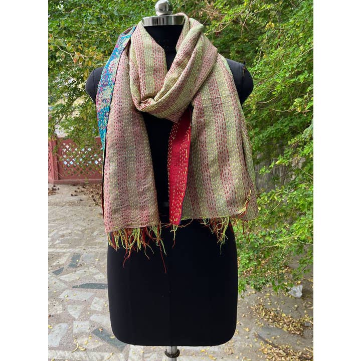 Bhawana Handicrafts - Wholesale Scarf - Women's - Indian Silk Sari Reversible Scarf Kantha Stitched Wrap Girls6