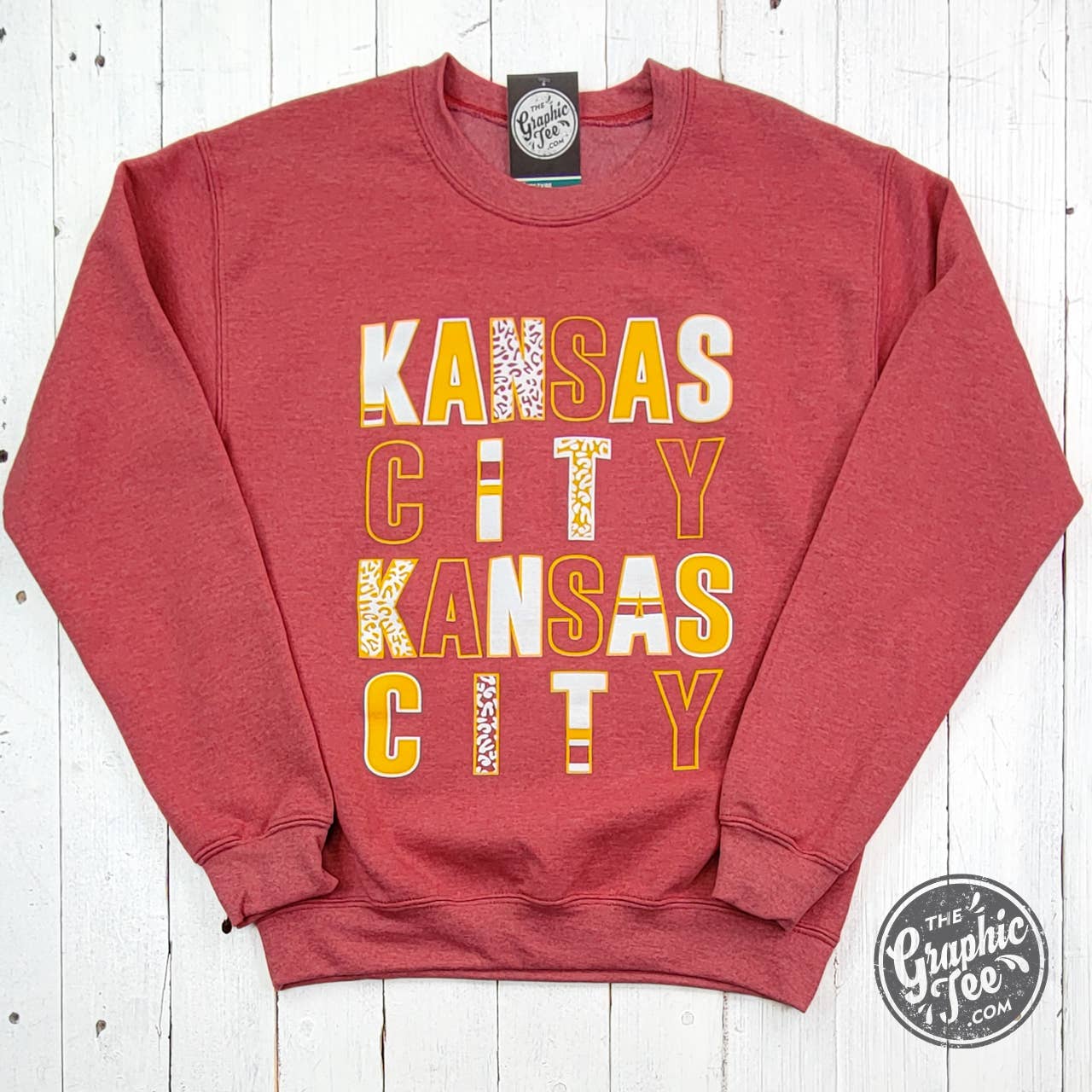 *WHOLESALE* Kansas City Multi Pattern Letters Heather Sport Scarlet Crewneck Sweatshirt for wholesale on Faire1