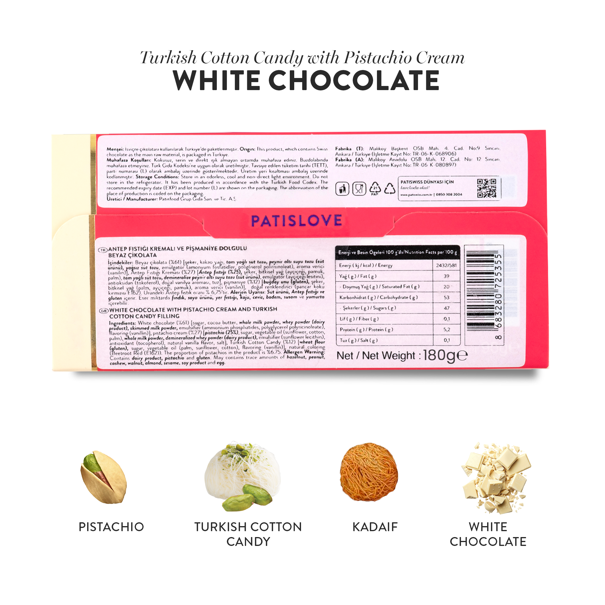 Patislove – wholesale Chocolate-covered sweets – Angel’s Hair White Chocolate Pistachio & Cotton Candy, 180G3