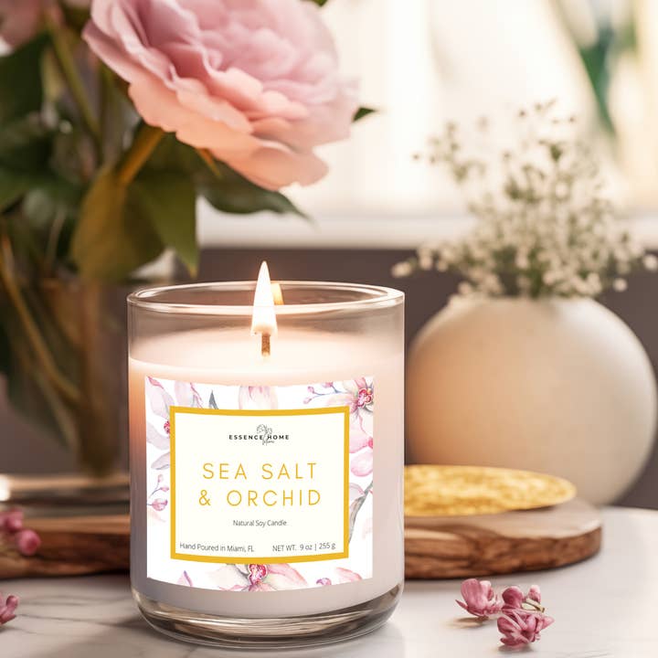 Sea Salt & Orchids Candle 9 oz Soy Candle for wholesale by Essence Home Miami