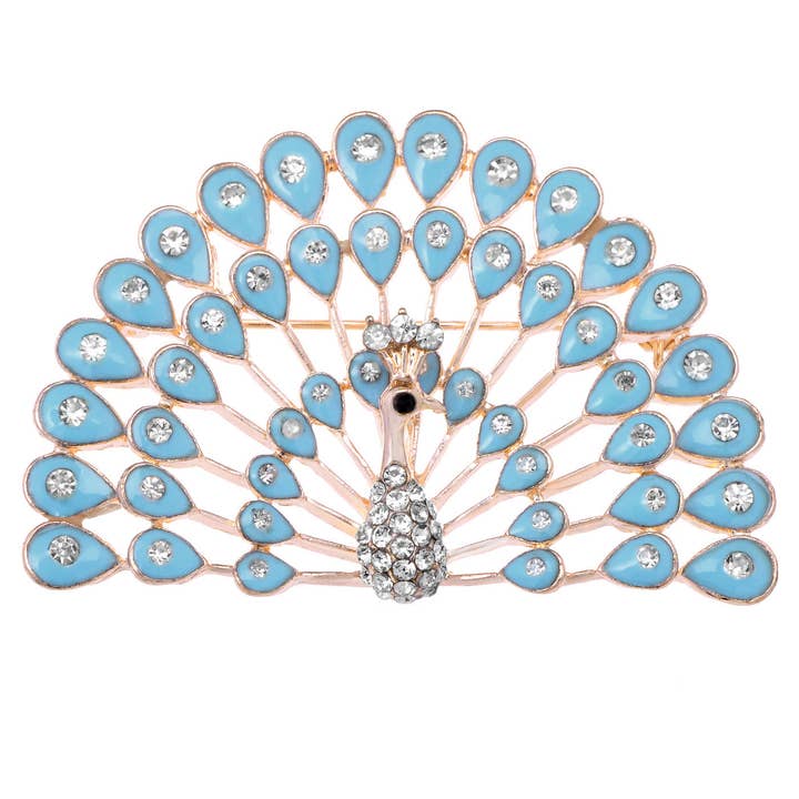 Gold Blue Painted Enamel Peacock Feather Plume Brooch for wholesale by AK Brand