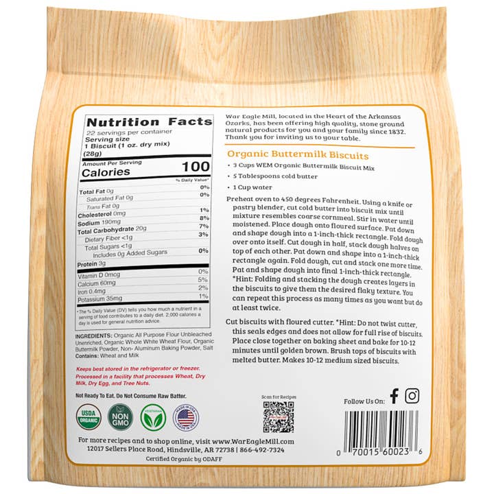 War Eagle Mill Food Group - Wholesale Biscuit Mix - Organic Buttermilk Biscuit Mix, 22 oz Bag