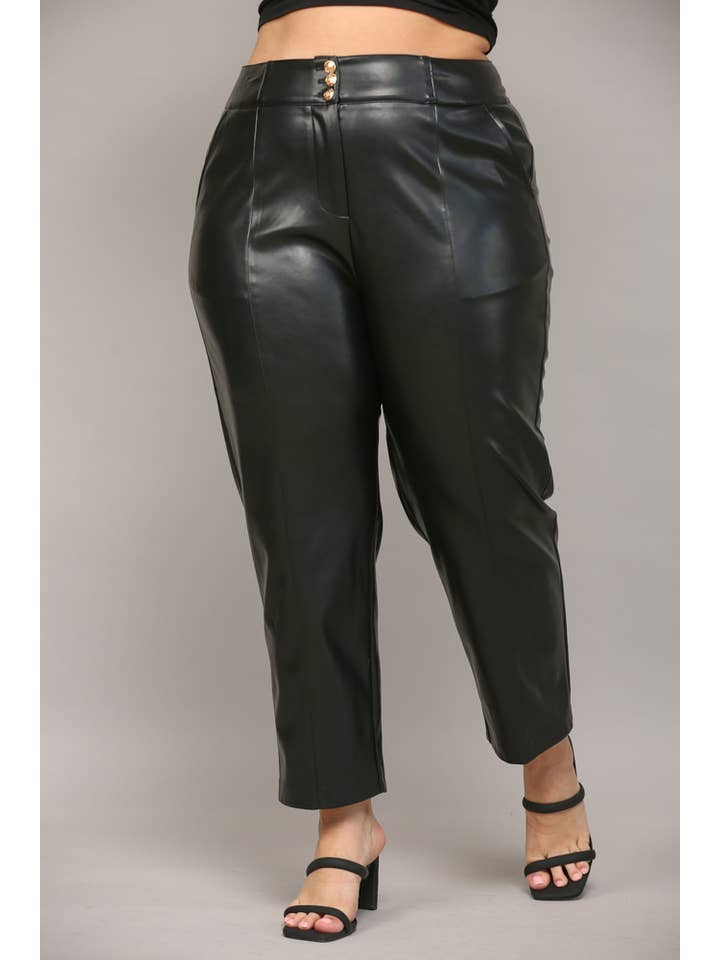 BLACK FAUX LEATHER BANDING PANTS WITH 3 METAL BUTTONS FP61021P for wholesale on Faire2
