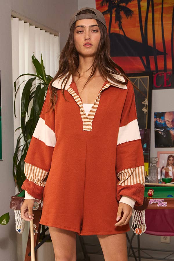 BUCKETLIST INC - Wholesale Romper - Women's - R5507A French Terry Color-block Collared Loose Fit Romper13