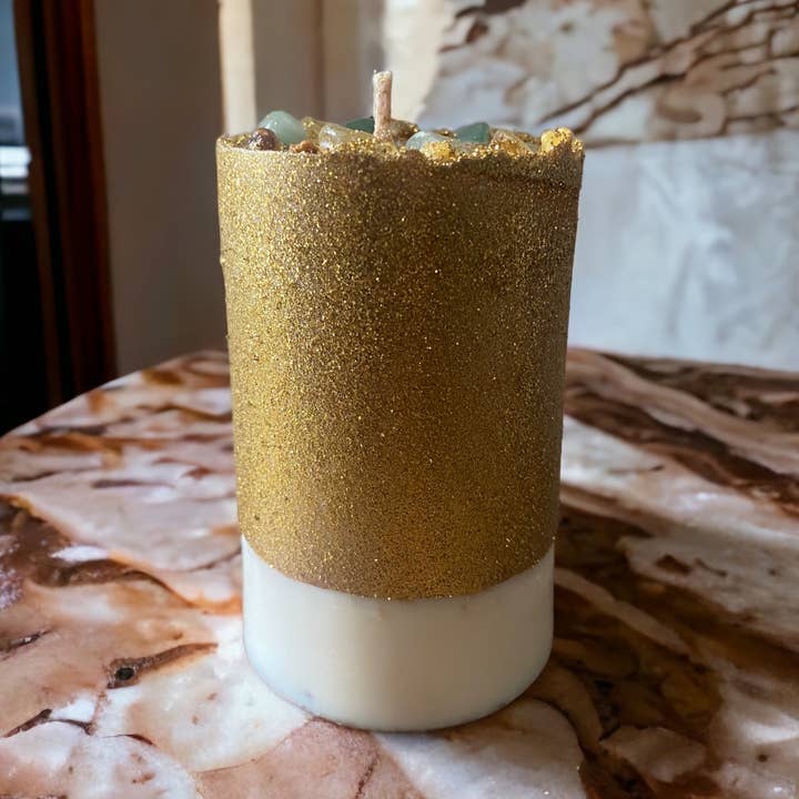 Money Candle | Herbal Crystal Intention Candle for Abundance for wholesale by Nibiru Beauty LLC