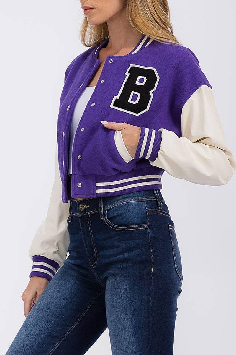 ROUSSEAU - Wholesale Varsity/Baseball Jacket - Women's - PLEATHER SLEEVE BUTTON CLOSURE VARSITY JACKET5