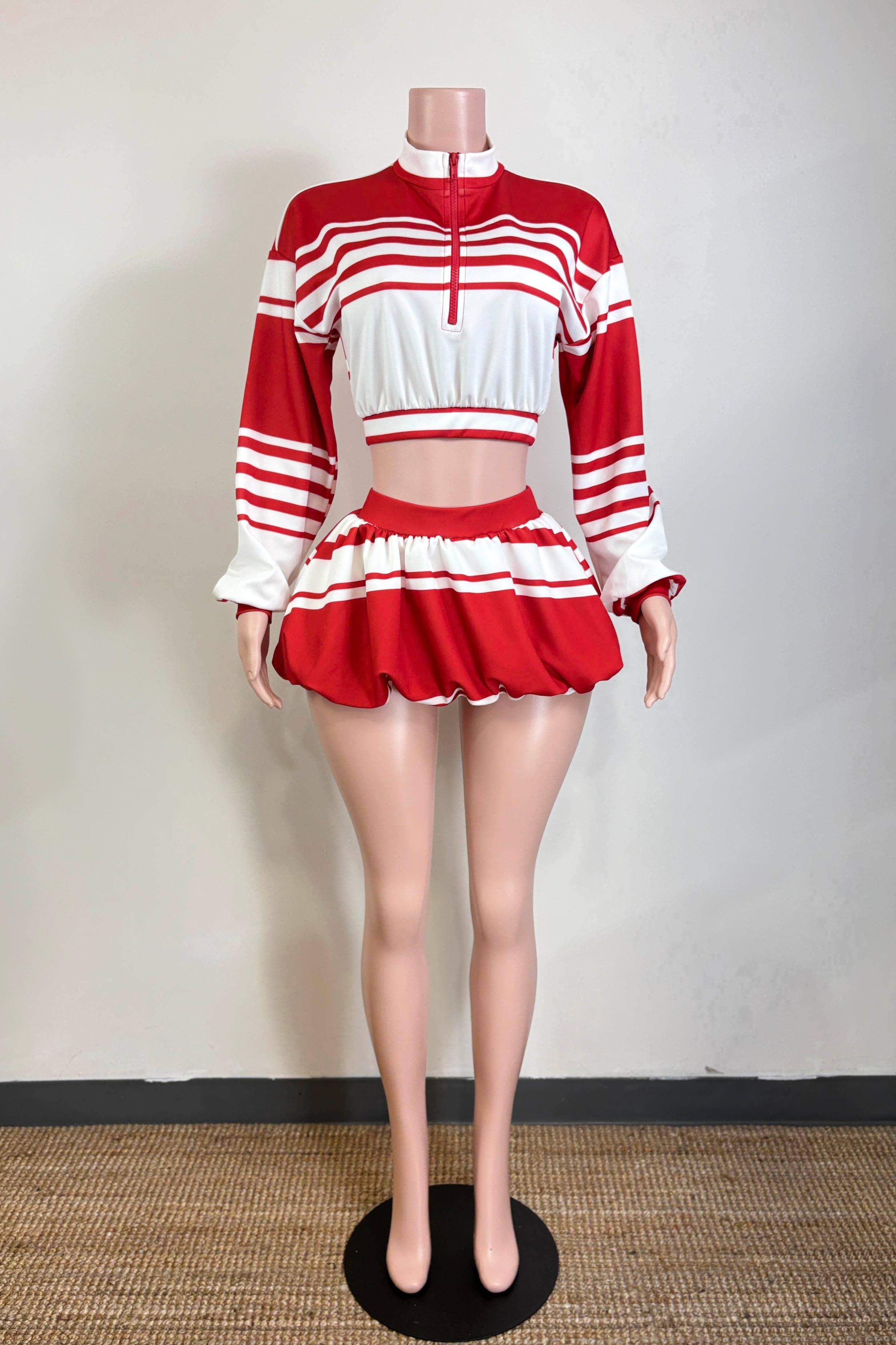 Dalia Studio – Großhandel Set aus Oberteil und Rock – Damen – Set mit unregelmäßigem Streifenmuster, halbem Reißverschluss und Ballonrock13