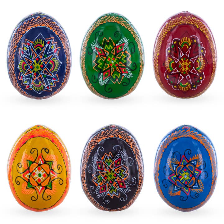 Set of 6 Multicolor Ukrainian Pysanky Wooden Easter Eggs 2.25 Inches for wholesale by BestPysanky