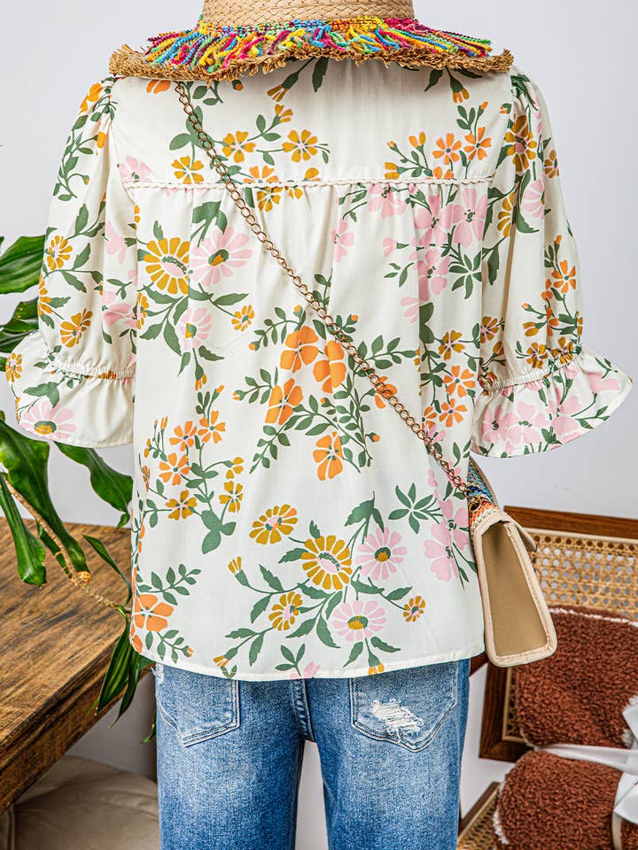 As shown Fashion-W Crochet Boho Half & Long Sleeve Floral Blouse for wholesale on Faire3