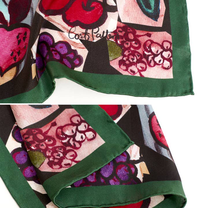 Deep Green "Lost Cherries" Silk Pocket Square for wholesale on Faire4