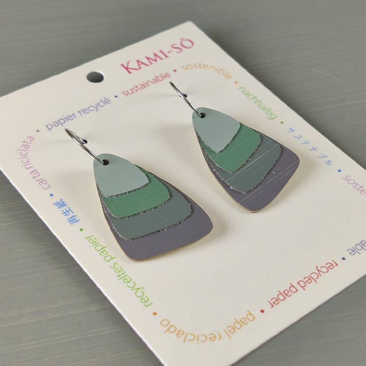 Kami-so - Wholesale Dangle earrings - Triangle Layered Recycled Paper Earrings - Green & Grey