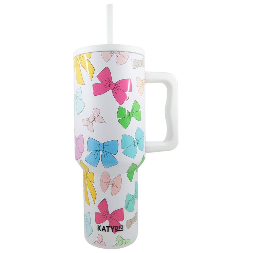 White Multicolored Coquette Bows 38 Oz Tumbler w/ Handle for wholesale on Faire1