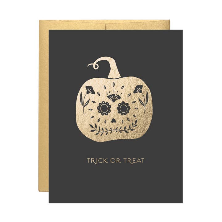 Trick or Treat Sugar skull Pumpkin Gold Foil Halloween Card for wholesale by Lake Erie Design Co.