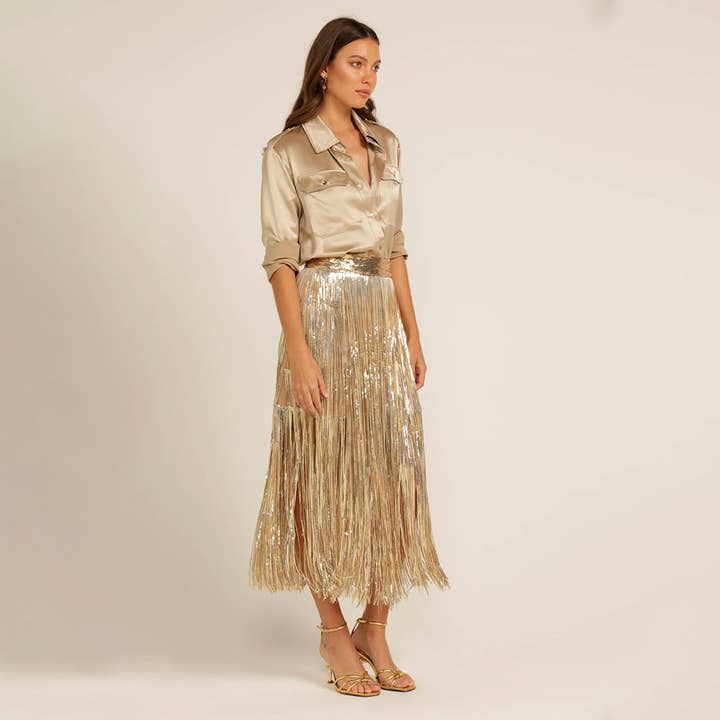 Love, Bonfire the Label - Wholesale Skirt - Women's - Where Women Glow Gold Sequin Fringe Skirt5