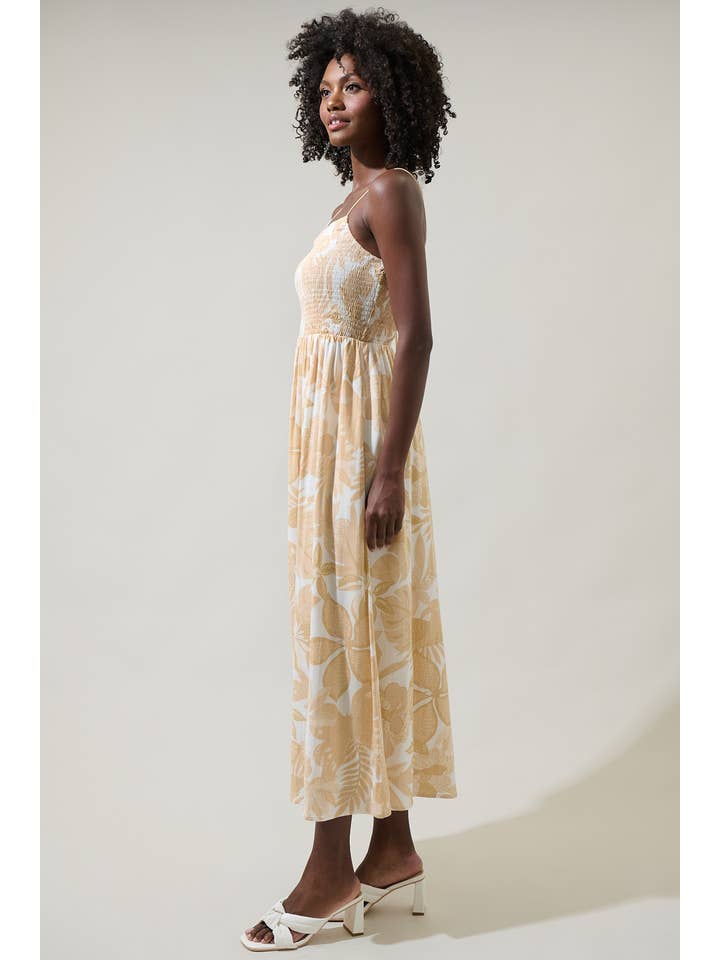 OATMEAL WHITE Geneva Floral Tell Smocked Midi Dress for wholesale on Faire