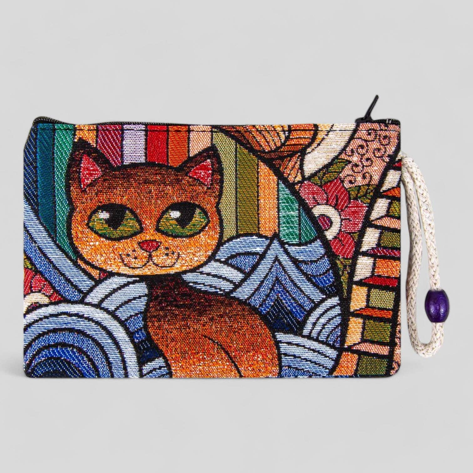 Guzel Handcrafts - Vendita all'ingrosso Pochette - Donna - Pochette con cerniera in autentico tessuto Kilim colorato e moderno con design artistico a forma di gatto, tappeto turco, marsupio, portamonete, portafogli, piccolo portaoggetti per la mamma del gatto0