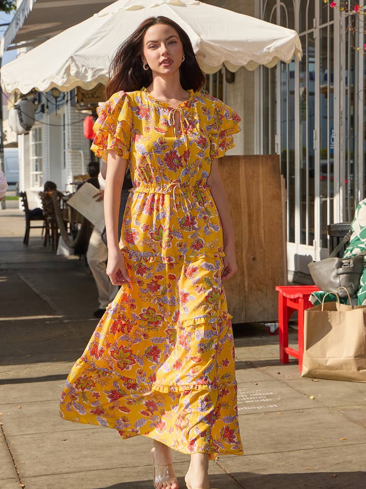 Yellow Multi 17616-7190 Floral paisley ruffle sleeves layered maxi dress for wholesale on Faire