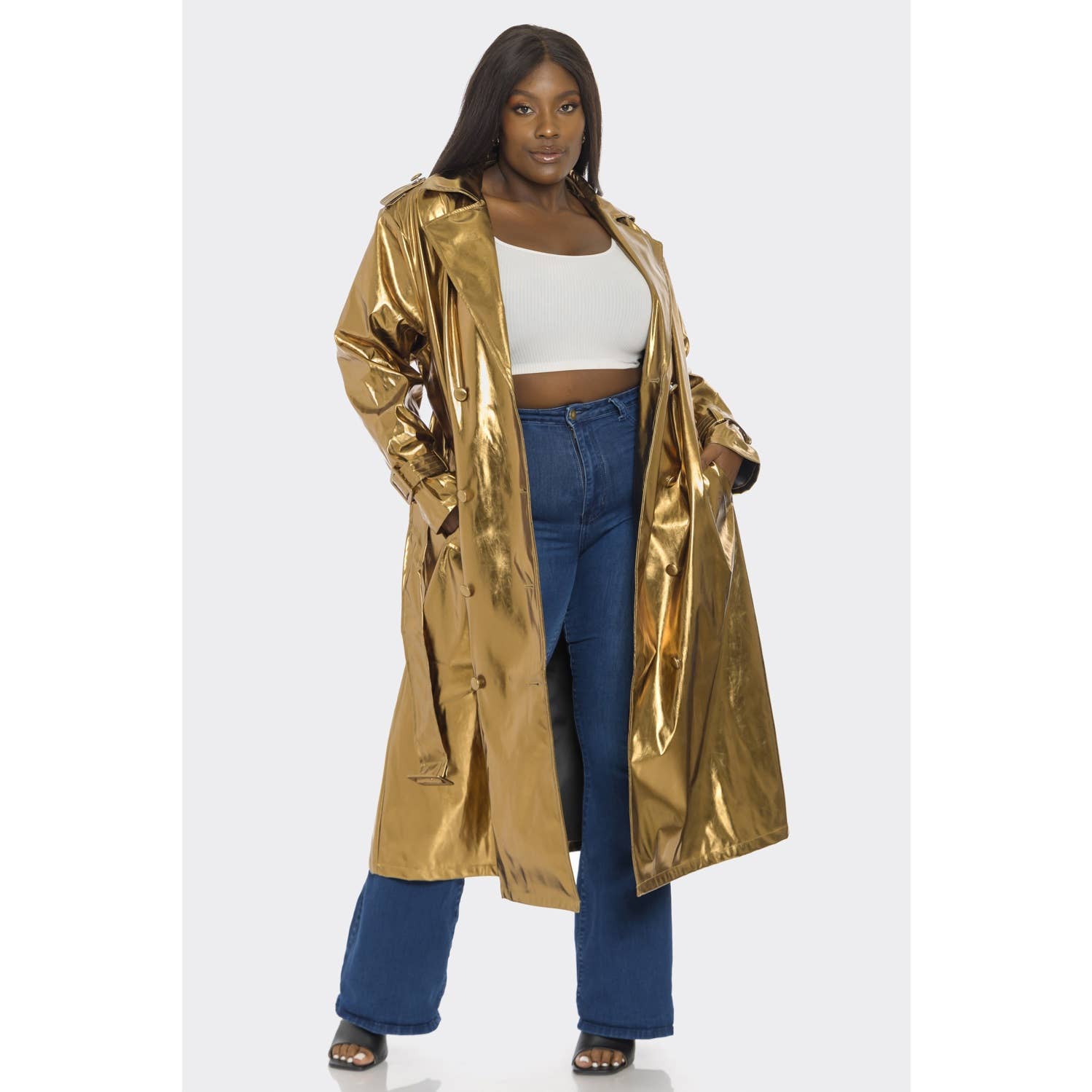 SJ630123-1P - PLUS COPPER COLOR METALLIC TRENCH COAT for wholesale on Faire2