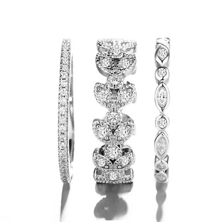 14K White Gold Three-Piece Marquise Cut Leaf Ring Set with crystals from Swarovski for wholesale by Amy and Annette
