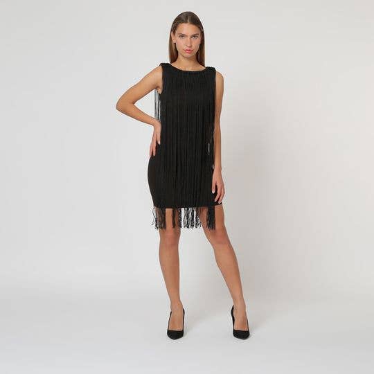 BanBat - Vente Robe – femme - Robe en mousseline noire avec détails en franges et fermeture éclair0