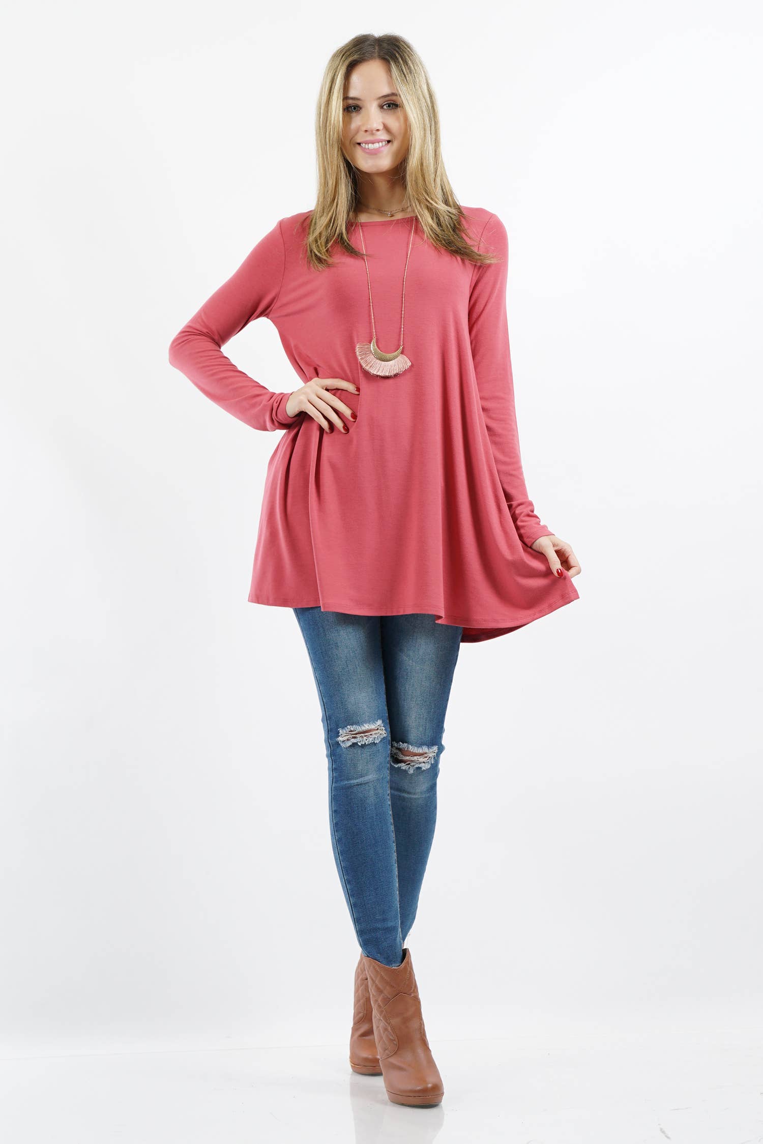 42POPS - Wholesale Tunic - Women's - ..1015 Boat Neck Flared Pockets Top SI-154681