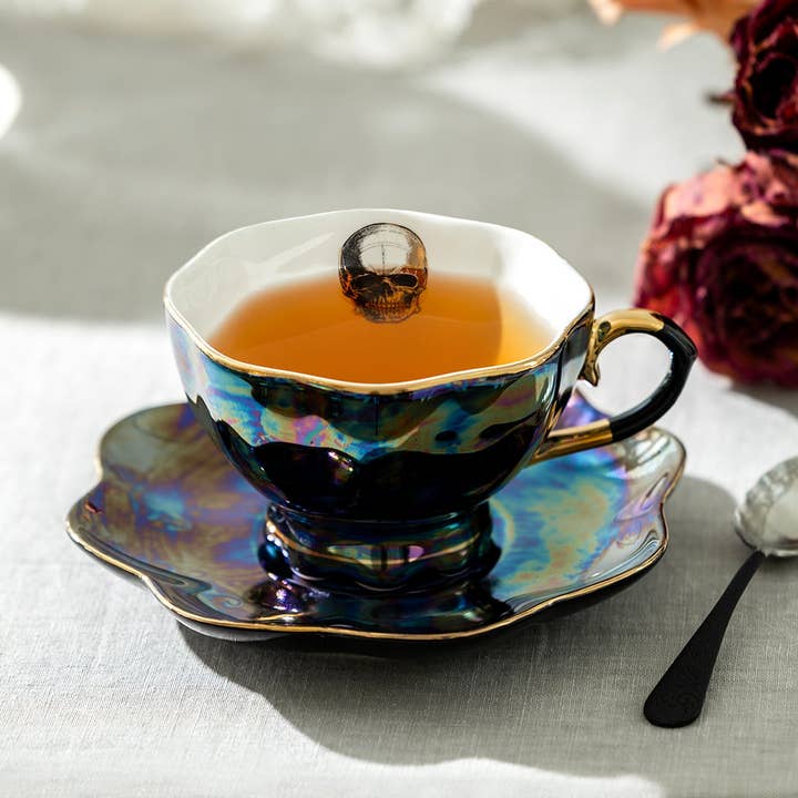 Grace Teaware - Wholesale Tea Set - Skull Black Gold Luster Tea Cup and Saucer