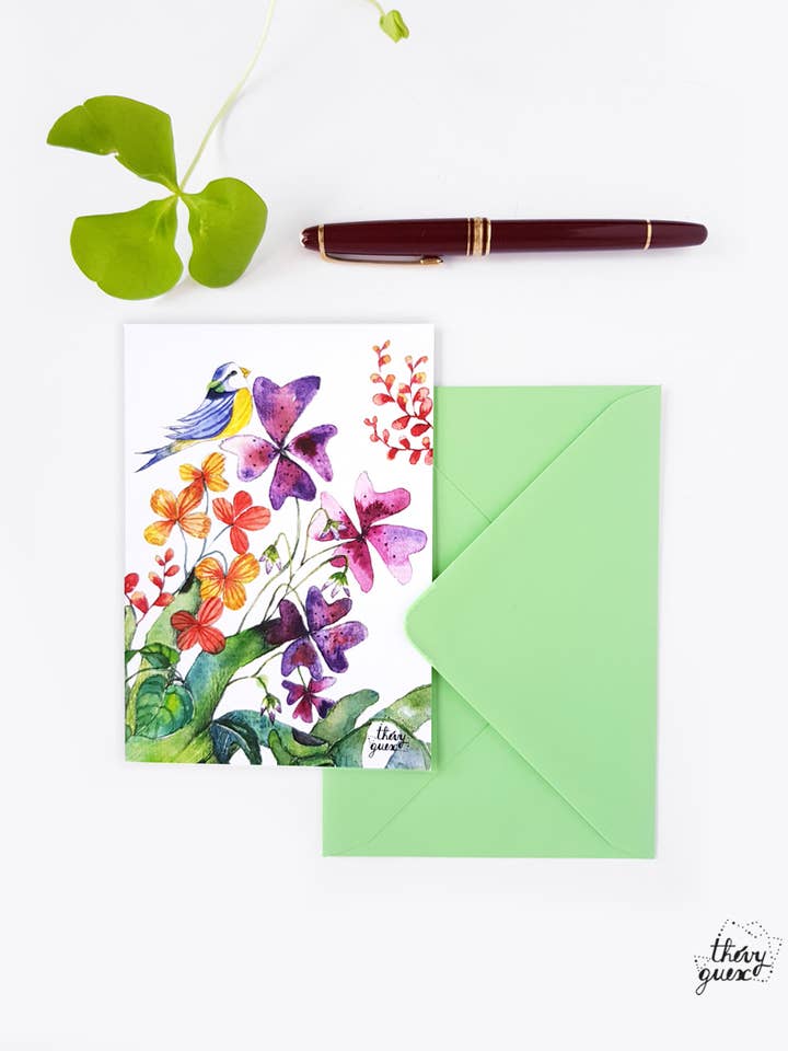 Botanische ansichtkaart met groene vingers in aquarel voor wholesale door Thévy Guex