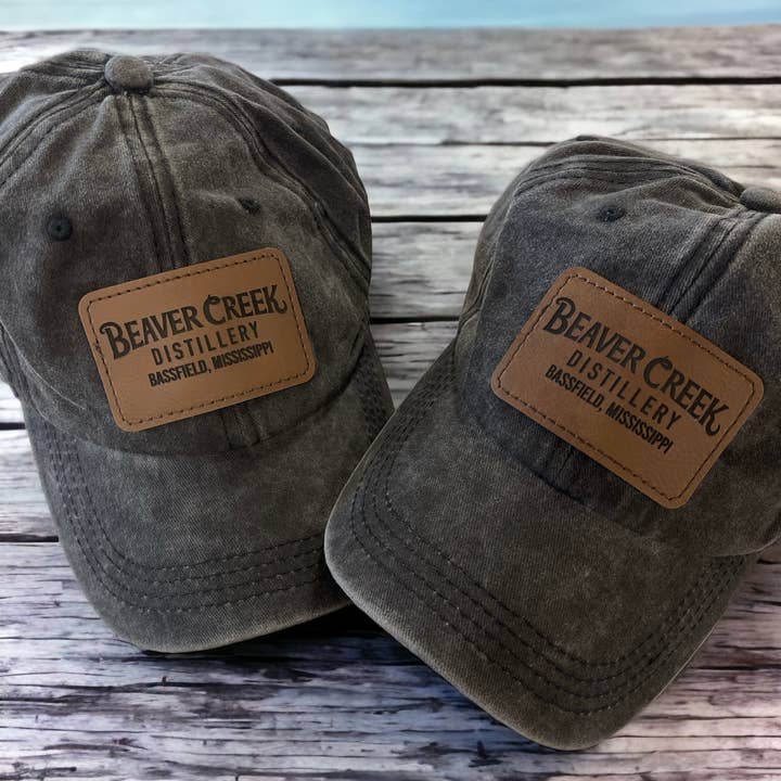 Vintage Black Caps with Brown Leatherette Engraved Patches for wholesale by Lasting Impressions CT